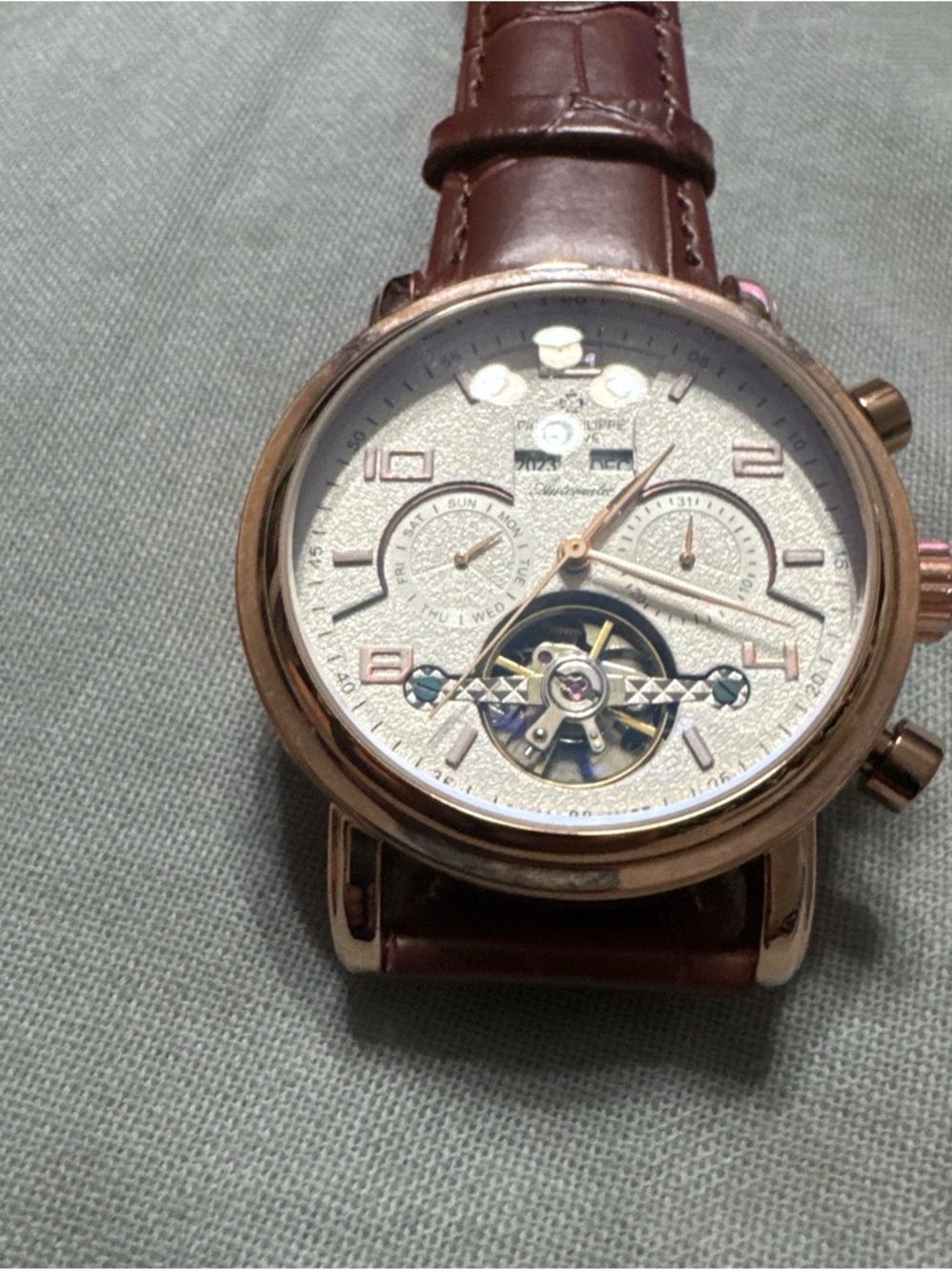 Men's Rose Gold Mechanical Watch with Brown Leather Strap